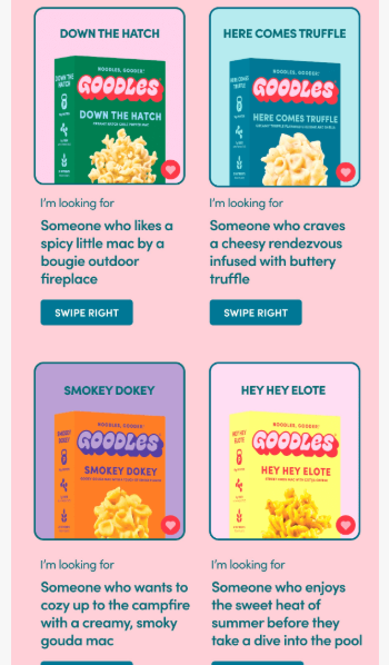 Goodles spring themed newsletter for March featuring multiple products with "Swipe right" CTAs